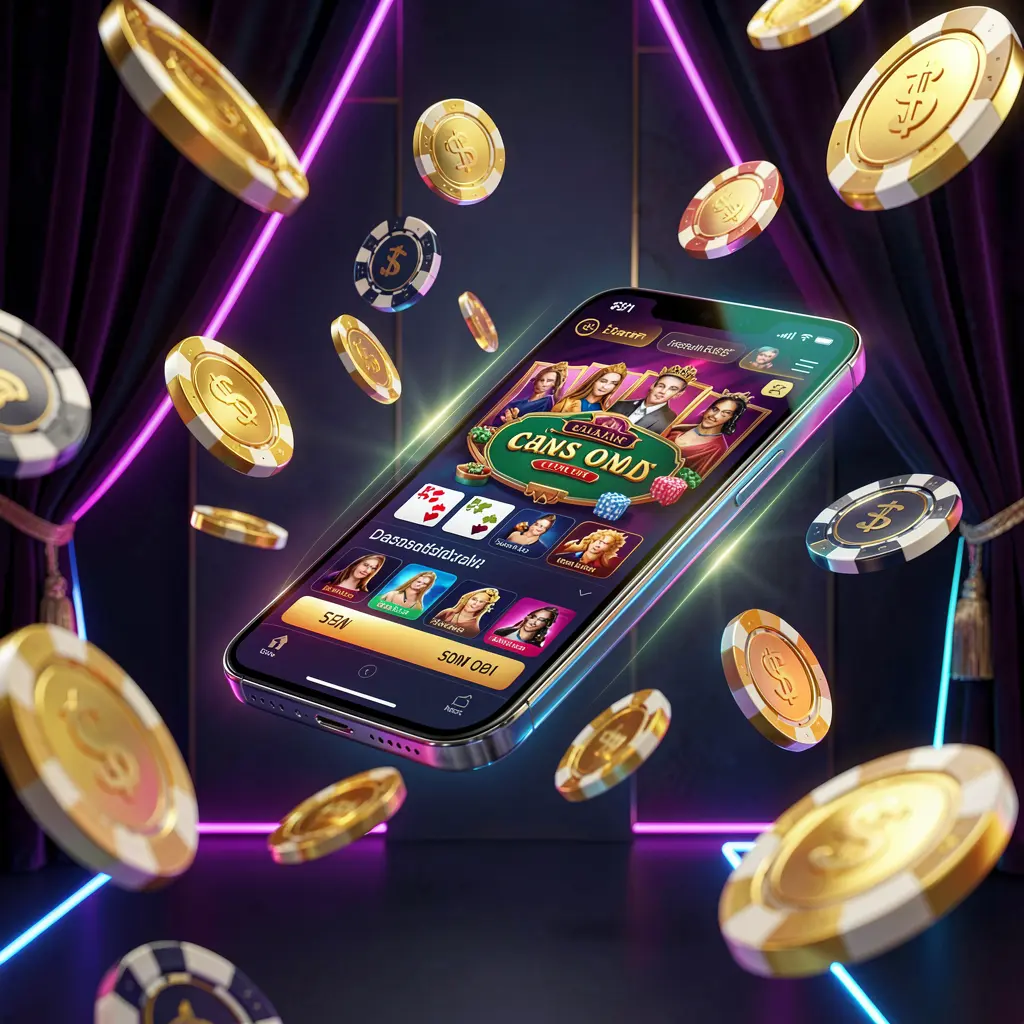 GGGGPH online casino mobile app hero banner showing a modern smartphone with glowing casino interface, golden coins and poker chips flying around against a dark luxury background with neon accents