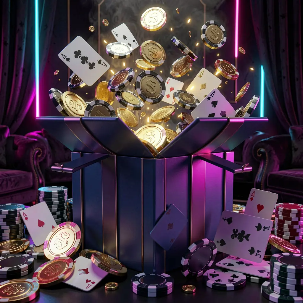 GGGGPH online casino bonus gift box exploding with golden coins, poker chips, and playing cards against a dark luxury background with glowing neon accents