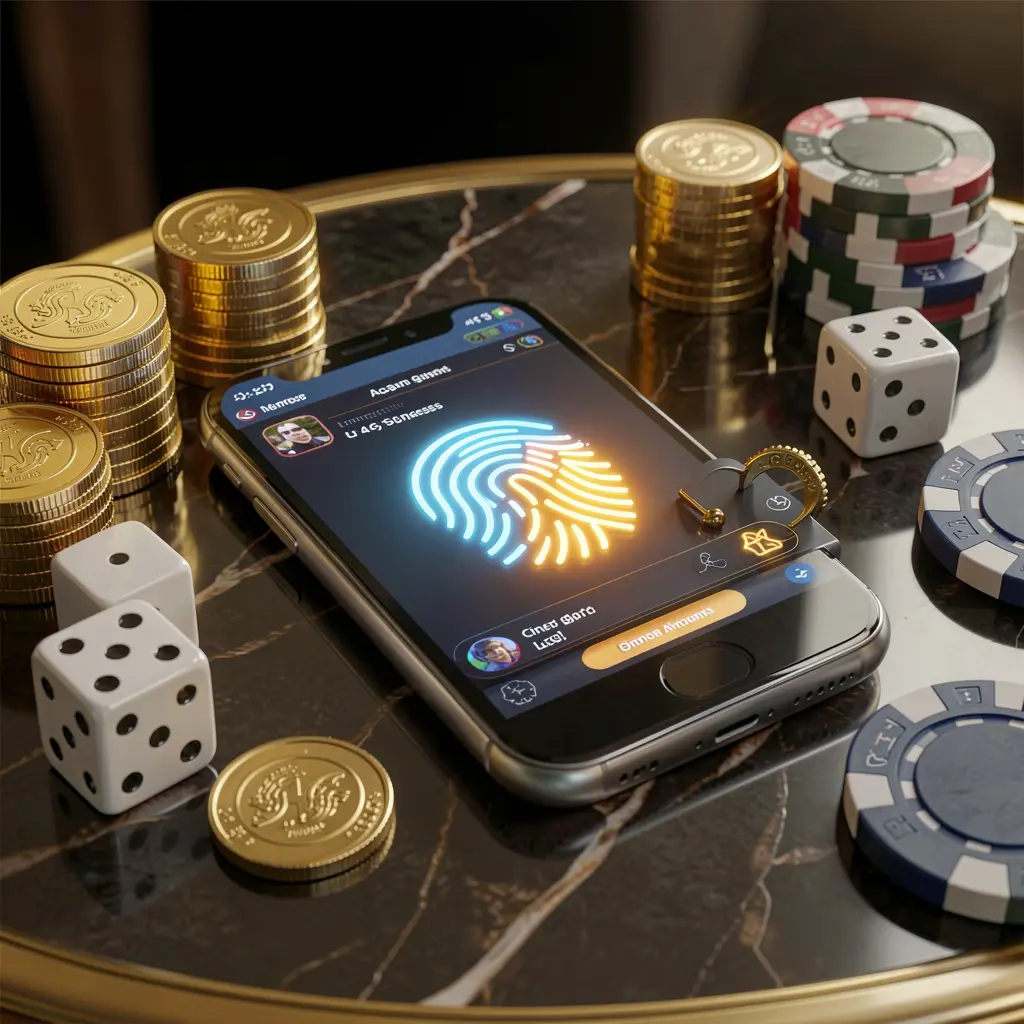 GGGGPH online gaming account access scene showing a smartphone with a glowing fingerprint icon surrounded by golden coins, dice, and poker chips on a glossy table with cinematic lighting
