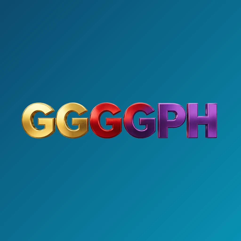 Bright premium GGGGPH logo with thick uppercase typography in vivid gold, red, and purple colors, polished metallic finish, and strong visual impact on a transparent background, designed as a wide horizontal rectangular wordmark for a website header