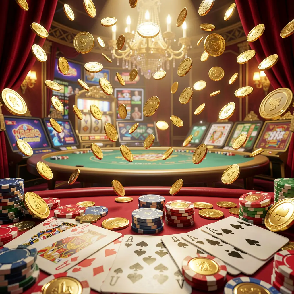 GGGGPH online gaming platform homepage banner featuring bright casino lights, golden coins raining, poker chips and playing cards in the foreground with a luxury red and gold atmosphere in a high detail 3D render
